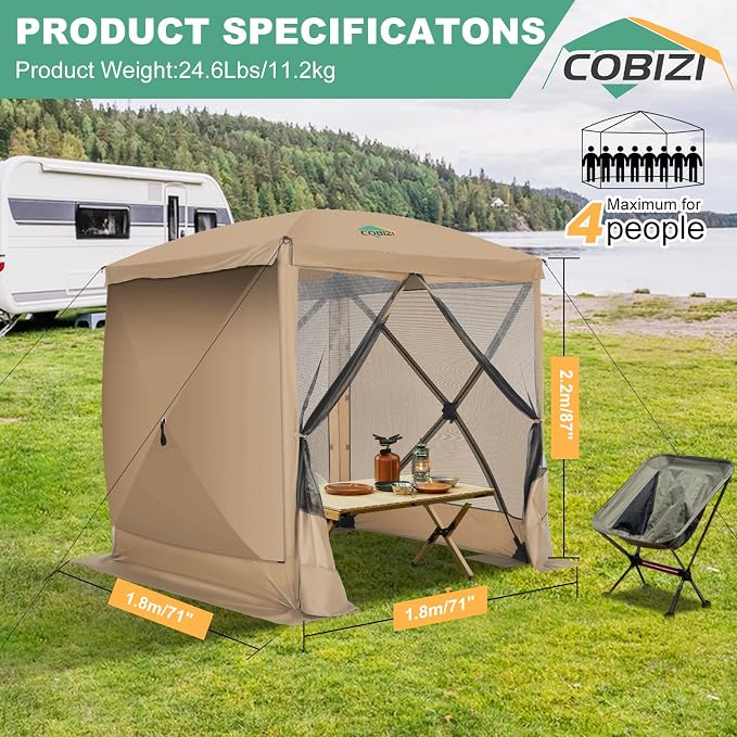COBIZI 6x6 FT Pop up Gazebo, Popup Canopy Tent, Screened in Gazebos with sidewalls, Waterproof Portable Outdoor Small Screen Tents Sun Shelter,carpas para Patio for Camping, Garden and Backyard,Khaki