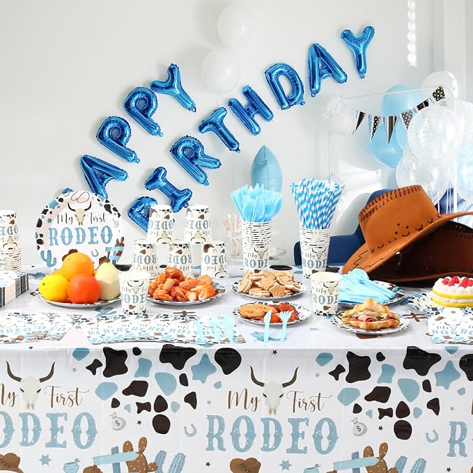 Potchen 452 Pcs Party Supplies Serve 50 Guests, Paper Plates Napkins Cups Cutlery Plastic Tablecloth Dinnerware for Birthday Wedding Party Decoration(Light Blue and Brown, First Rodeo)