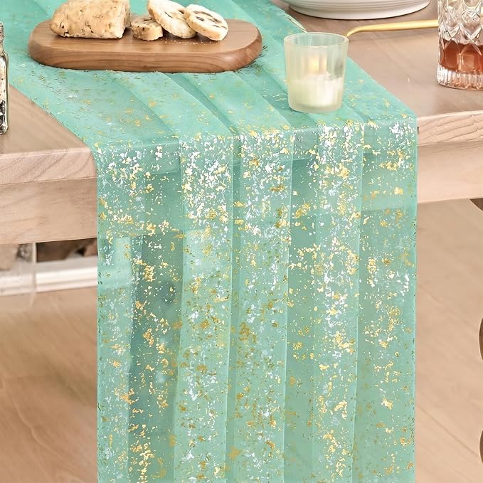 Artoid Mode Turquoise Gauze Gold Table Runner 10FT, Glitter Metallic Foil Sheer Dining Wedding Anniversary Holiday Table Decor for Home Party