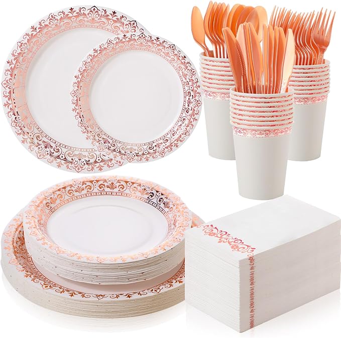 meekoo 350 Pcs Rose Gold Party Dinnerware Set Disposable Paper Plates for 50 Guests 9in and 7in Dinner Dessert Plates Napkins Gold Rim Plastic Cups Knives Forks Spoons for Party Wedding(Round Floral)