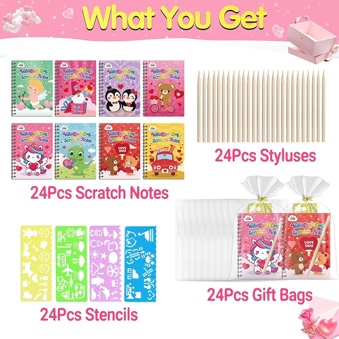 ZMLM Valentines Day Gifts Kids Classroom: 24 Pack Scratch Rainbow Art Notebook Paper, Birthday Party Favors For Kids 4-8, Bulk Goodie Bags Stuffers, Student Prizes From Teacher, Kindergarten Toy