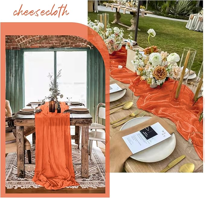 12 Pack 10Ft Orange Cheesecloth Table Runner 35 x 120 inch Boho Gauze Cheese Cloth Table Runner Vintage Rustic Sheer Runners for Wedding Bridal Shower Birthday Party Cake Table Decorations