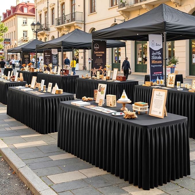 Black Polyester Table Cloths for Rectangle 8 Foot Tables, 1 Pack Wrinkle Free Tablecloths Stretchy Banquet Ruffle Fitted Table Cover Desk Skirt for Parties Wedding Birthday Baby Shower