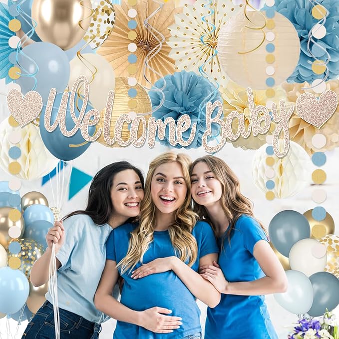 Light-Dusty Blue Boho Baby Shower Decorations, 69pcs Beige Champagne Boy Neutral Welcome Baby Banner Décor With Sand White Ice Blue Balloons Paper Lanterns Pom Poms Fan Baby Shower Party Wall Backdrop