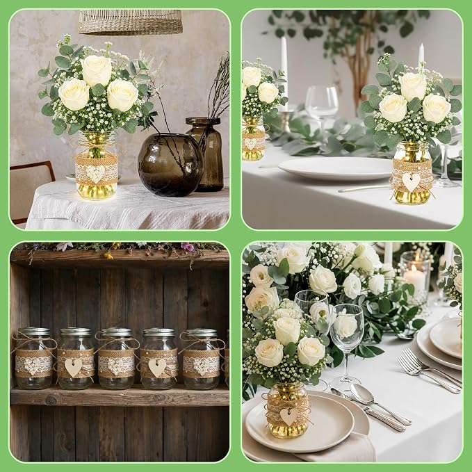 Cinrobiye 6 Sets Rustic Wedding Centerpieces for Tables with Mason Jars, White Rose and Eucalyptus Floral Arrangements, Bridal Shower, Baby Shower, Engagement Party and Farmhouse Table Decorations