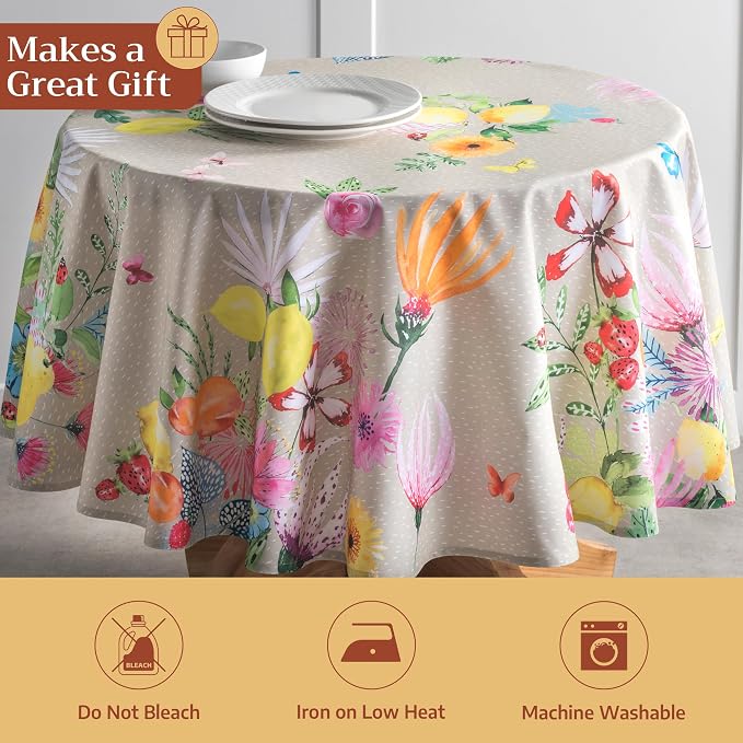 Maison d' Hermine Table Cloth Round Table 100% Cotton 63 Round Inches Tablecloth Reusable Decorative for Dining Kitchen Room Farmhouse Party Home Hotel Restaurant Spring Summer - Jardin D'Ete - Fog