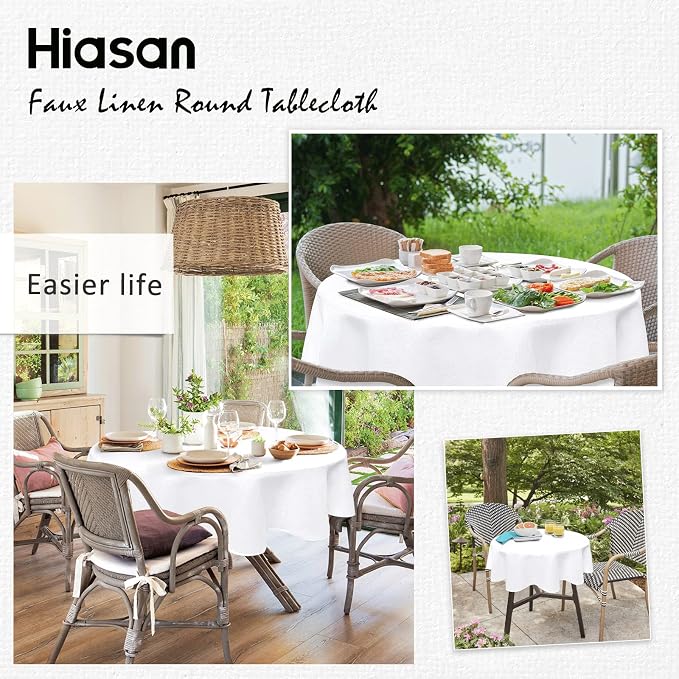 Hiasan Round Table Cloth Linen Textured Farmhouse Tablecloth 54 Inch - Wrinkle and Stain Resistant Washable Polyester Fabric Table Cover for Dining Room Kitchen Party, White