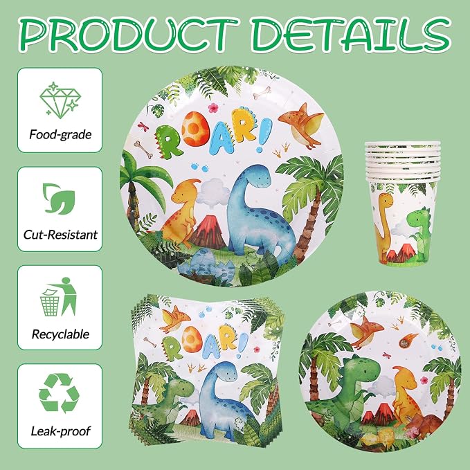 194 Pcs Dinosaur Birthday Party Supplies Dinosaur Paper Plates Napkins Cups Forks Tablecloth Banner Baby Shower Decorations Tableware Theme Serve 24