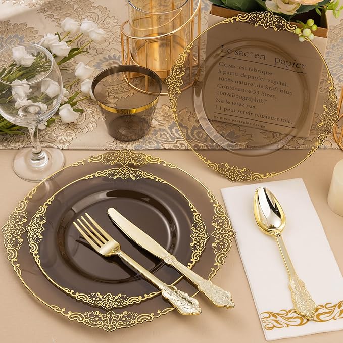 Bestluck 350PCS Clear Black Plastic Plates for 50 Guests, Disposable Plates with Gold Trim include 50 Dinner and Dessert Plates, 150 Gold Silverware, 50 Cups, 50 Napkins for Party & Graduation