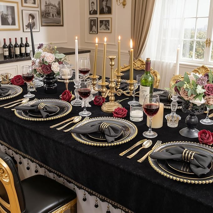 KIRE 350 PCS Plastic Dinnerware Set for 50 Guests - Black and Gold Plates 50 for Dinner 50 for Dessert & 50 Pre Rolled Napkins with Disposable Silverware 50 Cups for Graduation/Banquet/Wedding