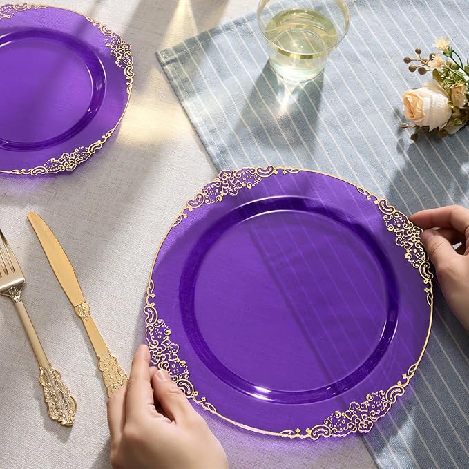 Goodluck 250 PCS Vintage Translucent Purple & Gold Rim Plastic Plates with Cutlery Set - Serves 50 - Heavy Duty Elegant Disposable Dinnerware for Sweet 16, Mardi Gras, Bridal Shower