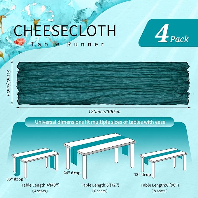 4 Pack Cheesecloth Table Runner 10FT Teal Table Runner Boho Gauze Cheese Cloth Table Runners Long Rustic Sheer Table Decorations for Wedding Party Baby Bridal Shower Birthday Holiday Home