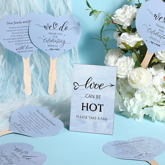 51 Pcs Wedding Fans for Guests Wedding Favor Paper Fans with Handle Bulk Table Sign for Ceremony Bridal Party Decoration(Blue,Classic)