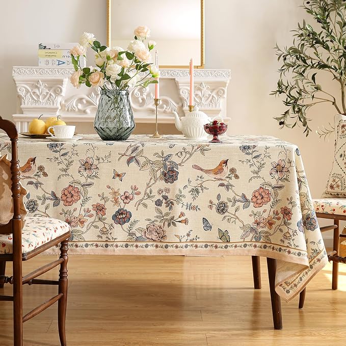ISAENNE Designer French Linen Rectangular Tablecloth,94"x63"-Cornucopia | Vintage Elegant Table Cloth for Rectangle Table,Floral and Bird Pattern for Dining Kitchen Tea Party Thanksgiving,Decor