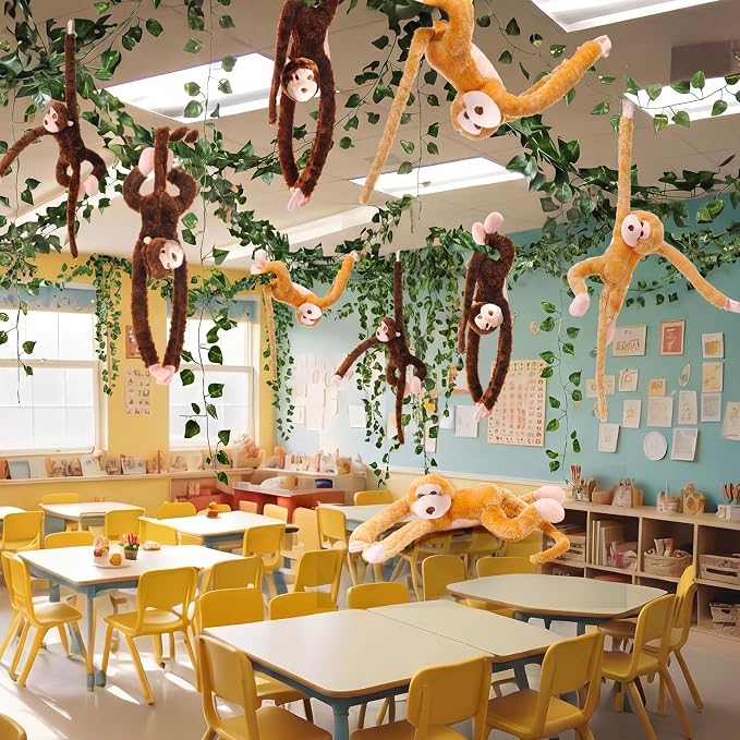 6 Pcs Hanging Monkey Stuffed Animal Jungle Classroom Party Decoration with 12 Pcs 7.22ft Artificial Vine Plush Hook and Loop Fastener for Kids Rainforest Safari Birthday VBS(Dark Brown, Yellow,21 in)