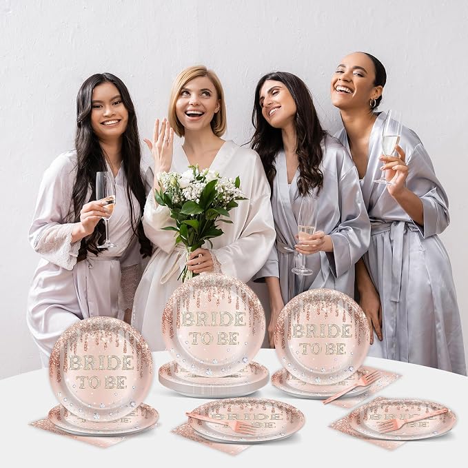 96Pcs Bridal Shower Party Decorations Rose Gold Themed Tableware Bride to Be Paper Plates Napkins Pink Bride to Be Dinnerware Party Supplies for Bachelorette Bridal Wedding Engagement Serves 24 Guests