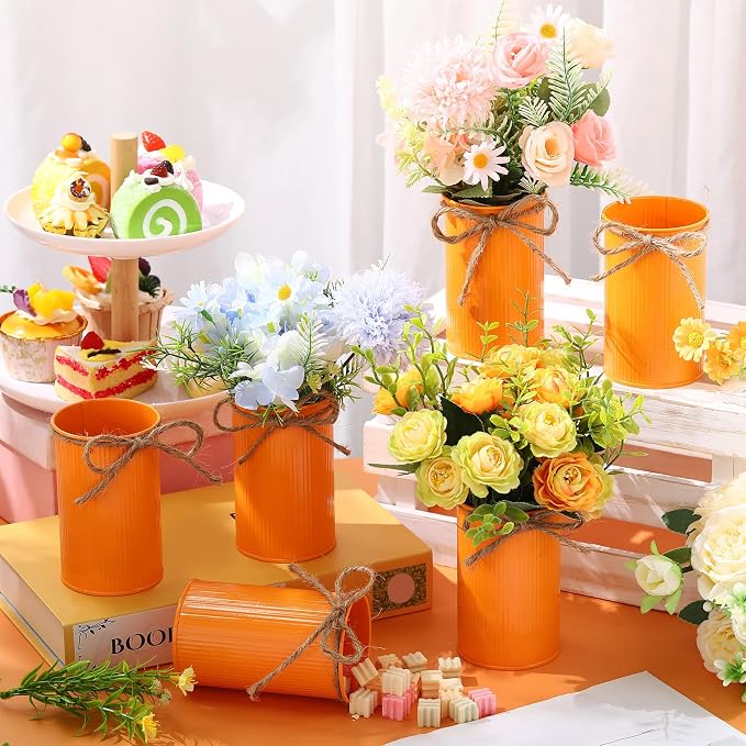 Rustic Vase for Table Centerpieces 4.33 Inch Small Petite Flower Vase with Twine Bow Vintage Farmhouse Decor for Wedding Reception Dining, Home Galvanized Metal Buckets(Orange,12 Pcs)