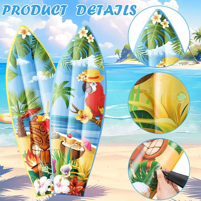 JellyArch 4 Pcs Hawaiian Inflatable Surfboard Tropical Flamingos Hawaiian Luau Party Decorations Blow up Pool Floats Surfboard Prop Wall Decor Palm Tree Summer Tiki Bar Pool Beach Party Decorations