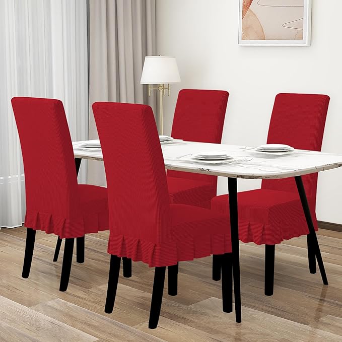 Easy-Going Dining Chair Covers Stretch Parsons Chair Slipcover with Skirt Chair Covers for Dining Room Restaurant Banquet (4 PCS, Red)