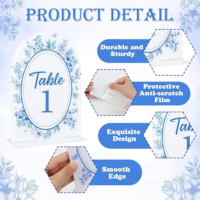 Blue Toile Themed Wedding Acrylic Table Number 1-20 with 20Pcs Stands, 5"x7" Blue Floral Place Card Centerpiece Decor Indoor Outdoor Wedding Bridal Shower Anniversary Party Reception