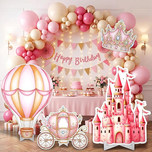 Honoson 4 Pcs Large 20" x 30" Princess Castle Cardboard Cutouts, Princess Pink Party Yard Signs Decoration for Baby Shower Birthday Party Supplies Lawn Hot Air Balloon Crown Decor