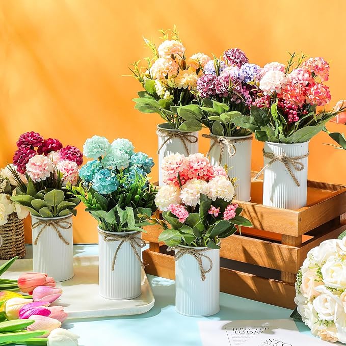 Wavwavw 6 Sets Flower Centerpieces for Tables Decor Artificial Hydrangeas with Vase and Hemp Rope Floral Arrangement Faux Flowers Fake Hydrangea Bouquets for Table Wedding Home Office Party