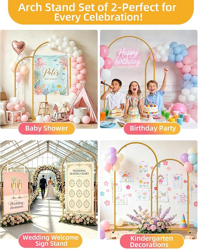 Wedding Arch Backdrop Stand 5FT, 6FT Gold Metal Arch Stand Set of 2, Balloon Arch Stand for Wedding Baby Shower Birthday Ceremony Party Graduation Decoration