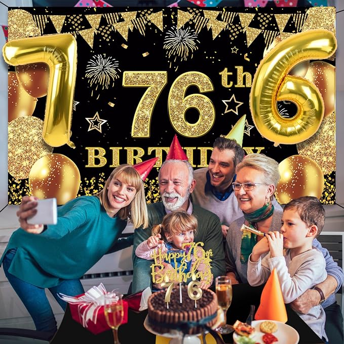 76th Birthday Decorations Men Women with 76th Birthday Banner, Black and Gold Table Cloth, Number Balloons, Sash, Cake Topper and Candles