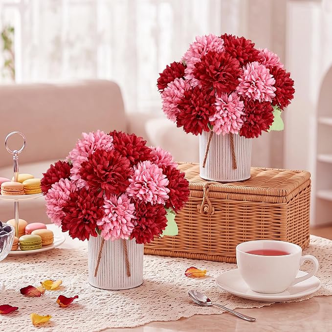 Pre-Made Flower Table Centerpieces, Set of 6 Artificial Silk Chrysanthemum with Metal Vases for Wedding, Birthday Parties, Home Decoration (Burgundy & Dusty Pink, Set of 6 Floral Arrangement)