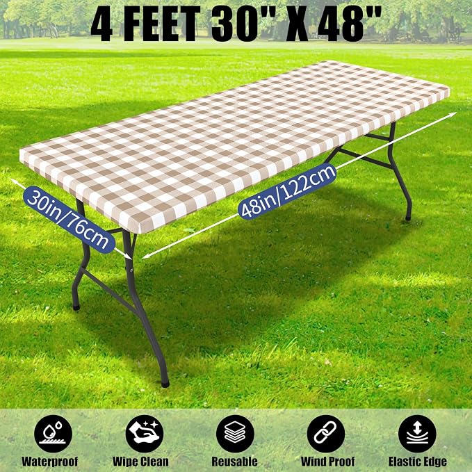 Smiry Picnic Table Cloth 6 Pack, Waterproof Elastic Fitted Tablecloths for 4FT Rectangle Tables, Washable Polyester Buffalo Plaid Tablecloth for Camping, Dining & Outdoor (Khaki & White, 30" x 48")