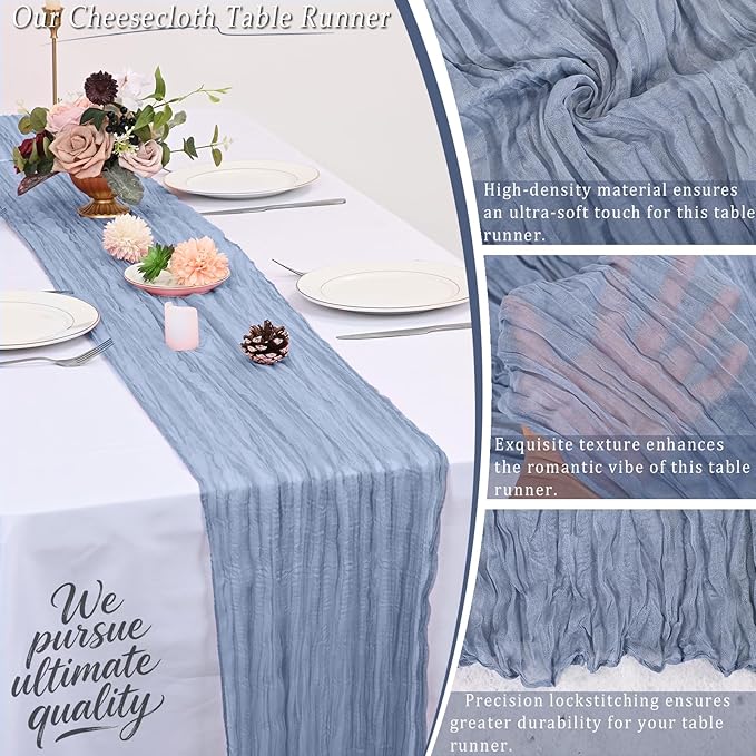20 Pack Dusty Blue Cheesecloth Table Runner 17x108 Inch Semi Sheer Boho Rustic Gauze Cheese Cloth Table Runners for Wedding Party Birthday Baby Shower Home Décor
