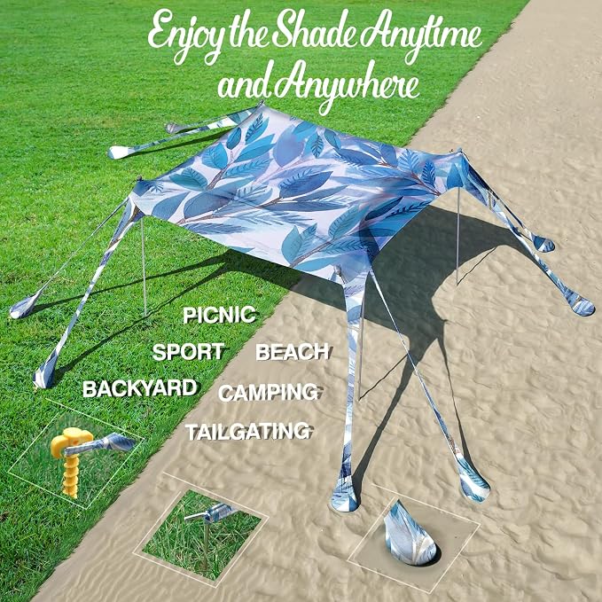 Rhino Valley Beach Tent,10x10 FT Beach Shade UPF50+ Protection,Beach Canopy with 8 Sandbags 4 Stability Poles,Outdoor Beach Tent Sun Shelter Umbrella for Sand,Camping,Fishing Essential,White Blue Leaf
