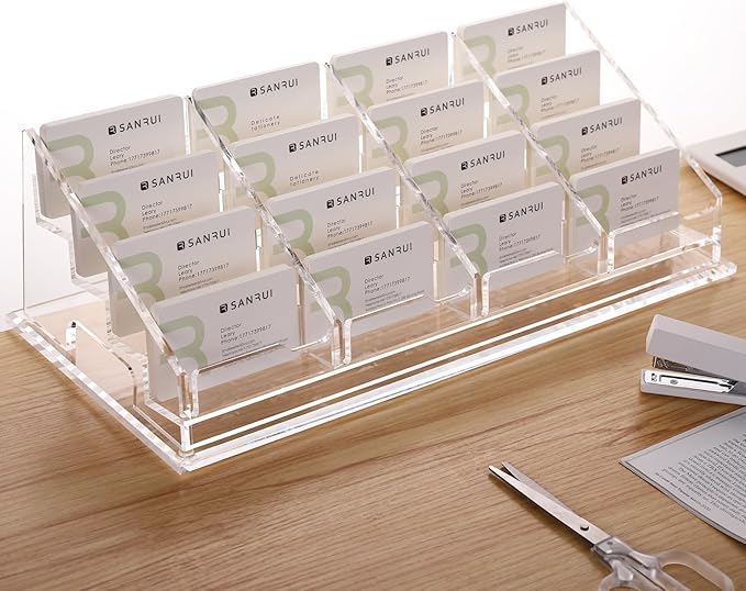 YUXUN Acrylic Business Card Holder for Desk-4 Tiers 16 Slots, Business Card Holder Case, Clear Multiple Cards Display Stand for Office Supplies Home School