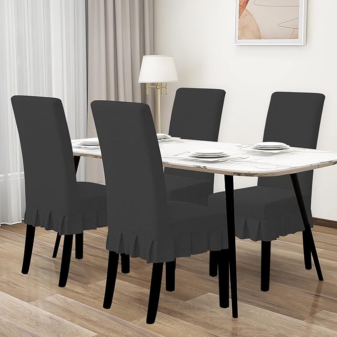 Easy-Going Dining Chair Covers Stretch Parsons Chair Slipcover with Skirt Chair Covers for Dining Room Restaurant Banquet (4 PCS, Dark Gray)