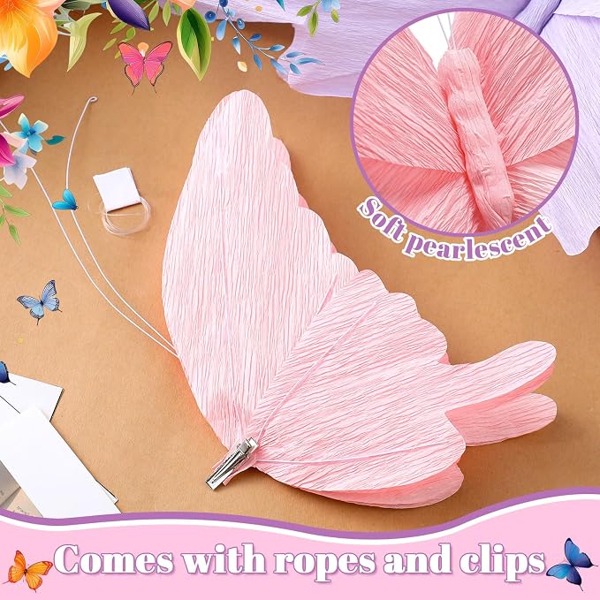 3 Pcs 3D Large Hanging Butterfly Decorations Large Butterfly Birthday Party Decorations 3D Crepe Paper Decoration for Wedding Party Birthday Baby Shower Garden(Purple, Pink, White,11inch,20 Inch)