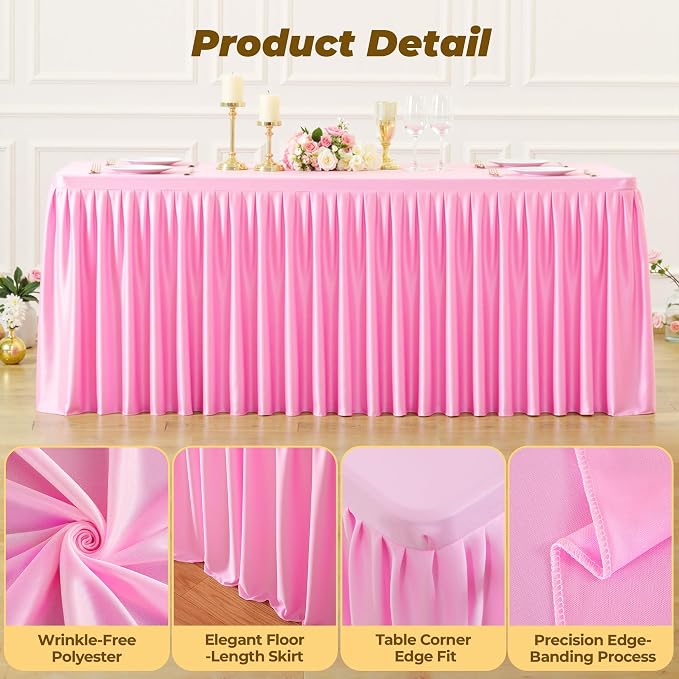 Pink Polyester Table Cloths for Rectangle 8 Foot Tables, 2 Pack Wrinkle Free Tablecloths Stretchy Banquet Ruffle Fitted Table Cover Desk Skirt for Parties Wedding Birthday Baby Shower