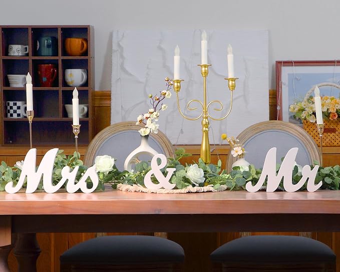 Canlierr 2pcs Large White Mr & Mrs Sign for Wedding Table with 5.91ft Artificial Flowers Garland, Wedding Centerpieces Wooden Bride and Groom Table Decorations for Engagement Decor(White Rose)