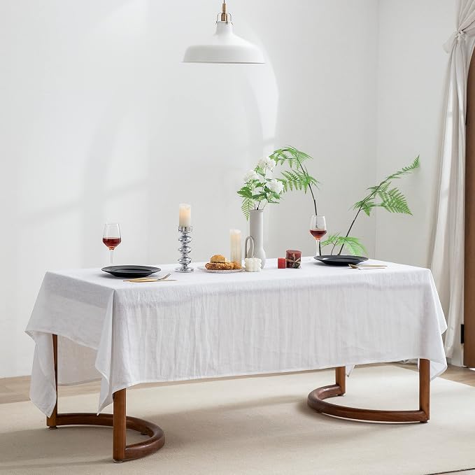 EVERLY 100% Pure Linen Rectangle Tablecloths 60x84Inches for Dining, Buffet Parties, Picnic,Events, Weddings and Restaurants, Decorative Halloween, Thanksgiving Machine Washable Tablecloths-White