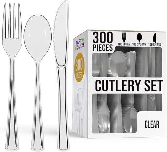 Party Solids Clear Plastic Silverware Heavy Duty 300 Pieces Clear Disposable Silverware Heavy Duty, Utensil Sets, 100 Of Each Forks, Knives & Spoons Disposable Cutlery Set For Party Supplies