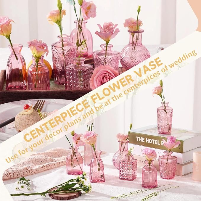 24PCS Mini Bud Vases As Wedding Centerpieces for Tables,Clear Bud Vases for Flowers,Small Flower Vases Suitable for Birthday Party,Anniversary,Wedding Reception,Baby Shower (Pink, 24PCS)