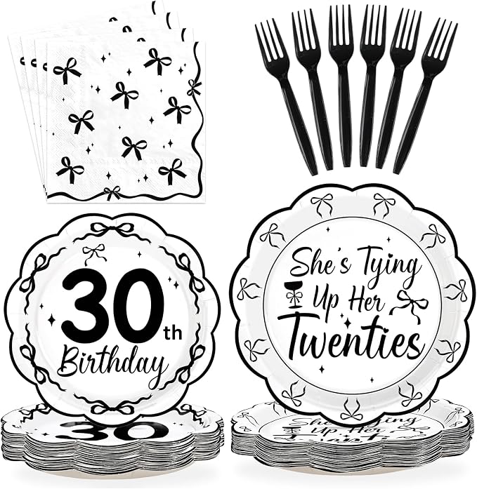 96Pcs Black Bow 30th Birthday Party Decorations, Serves 24 | She's Tying up Her Twenties Plates and Napkins Scalloped Black and White Bow Tableware Set for 30 Year Old Women Rip 20s Bday