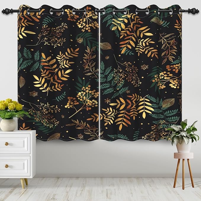 Gold Green Tropical Leaves Window Curtains Jungle Plants Gold Palm Leaves Blackout Curtains for Bedroom Living Room Home Decor Palm Leaves Botanical Decorative Drapes,53x96 inch,2 Panels