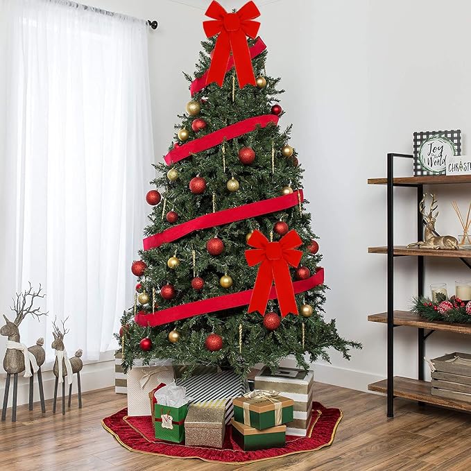 Hongsome 10 Pack Red Bows Christmas Tree Decorations,9”x13”Large Velvet Ornament Bow with Glitter Gold Edge for Xmas Home Wreath Fence Stairs Railing Fireplace Indoor Outdoor Front Door Decor