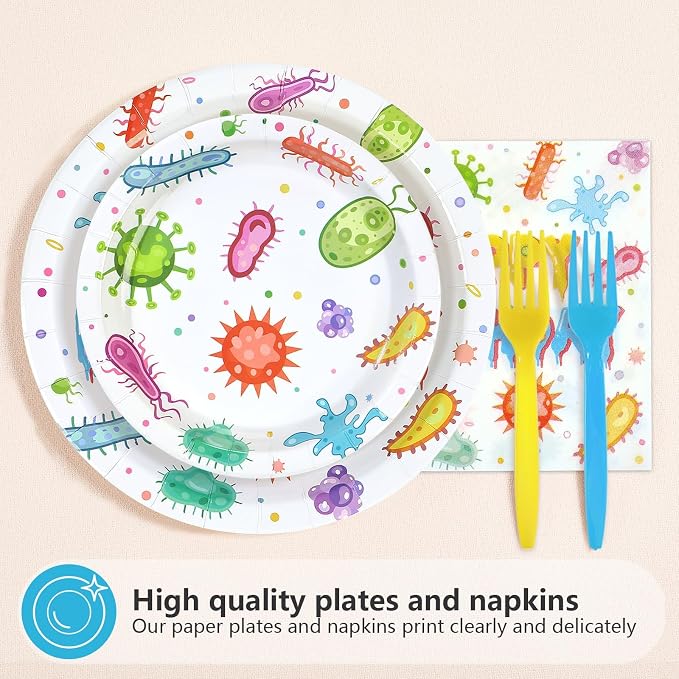 96Pcs Virus Theme Party Decorations Colorful Cells Virology Theme Plates and Napkins Happy Birthday Tableware Set for Kids Birthday Baby Shower Party Decorations Serves 24