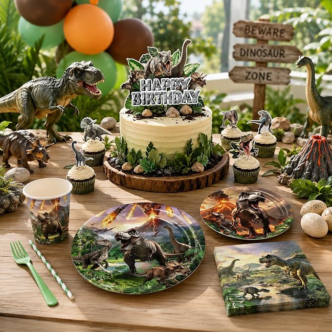 Dinosaur Birthday Party Decorations, 278 PCS Dino Party Supplies Serves 24 with Backdrop, Balloons, Plates Cups Napkins Forks, Cake Toppers, Banner, Swirls & Tablecloth for Boys Girls