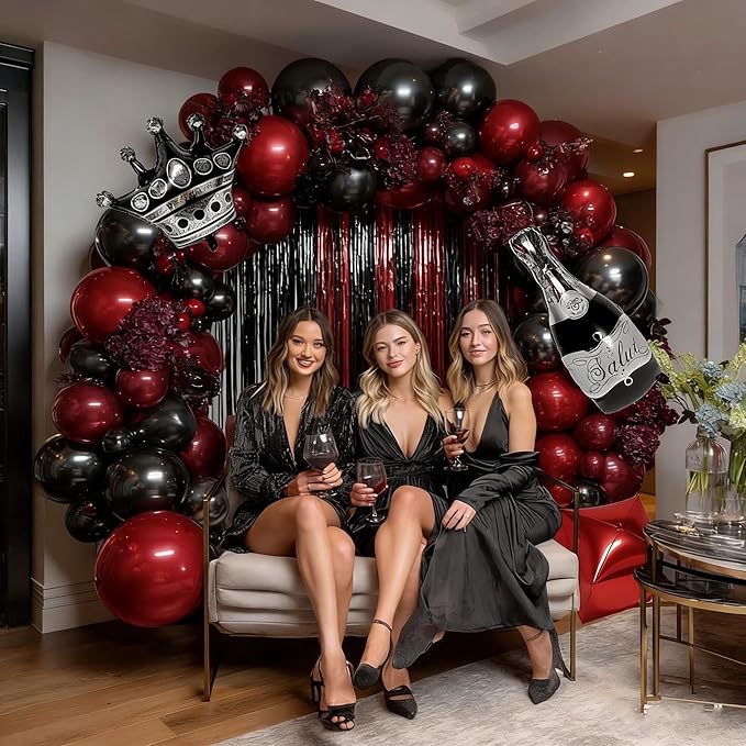 Red Black Party Balloon Kit 2pack Foil Fringe Curtains,Square Foil Wine Bottle Crown Balloons Doubled Burgundy Black Balloon Arch for Birthday Bachelorette Gothic Vampire Celebration Wine Party Decor
