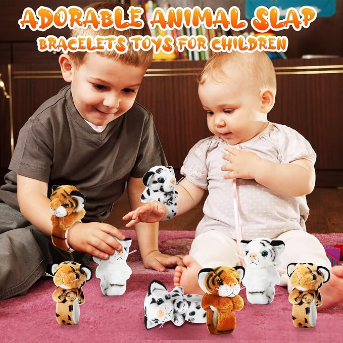 Lenwen 8 Pcs Stuffed Tiger Leopard Animals Slap Bracelets for Kids 8.66 Inch Back to School Plush Animal Bracelets Adopt a Tiger Cheetah Party Favors Wrist Slap Snap Band Toy for Boys Girls Birthday