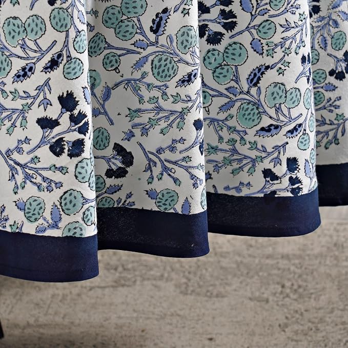 Ridhi Round Tablecloth Hand Block Print 100% Cotton Reusable Denim Blue 132 Inch Table Cover Decorative Everyday Use for Dining, Home, Party, Wedding, Farmhouse, Party Gift for Spring, Mother's Day