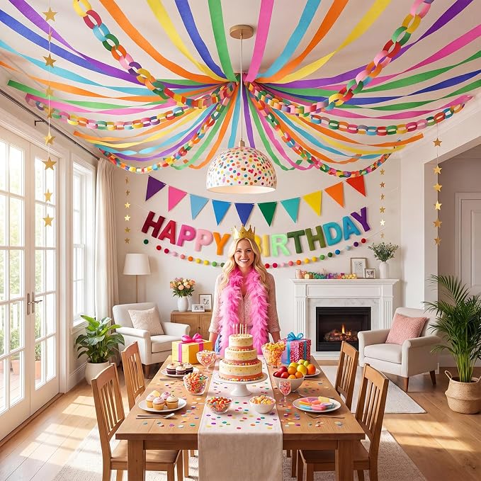 Mifoci 313 Pcs Happy Birthday Decorations Kit 300 Sheets Paper Chains Strips Birthday Felt Banner 492 ft Crepe Paper Streamers 52.4ft Star Garlands for Party Supplies DIY Crafts(Dopamine Colors)