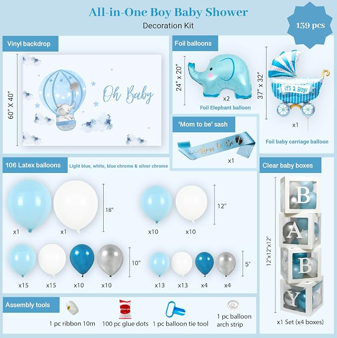 Vidal Crafts 139 PCs Elephant Baby Shower Decorations Boy, Themed Baby Boy Shower Decorations, Complete Party Kit with Elephant Backdrop, Balloon Garland, BABY Boxes & Mom to Be Sash